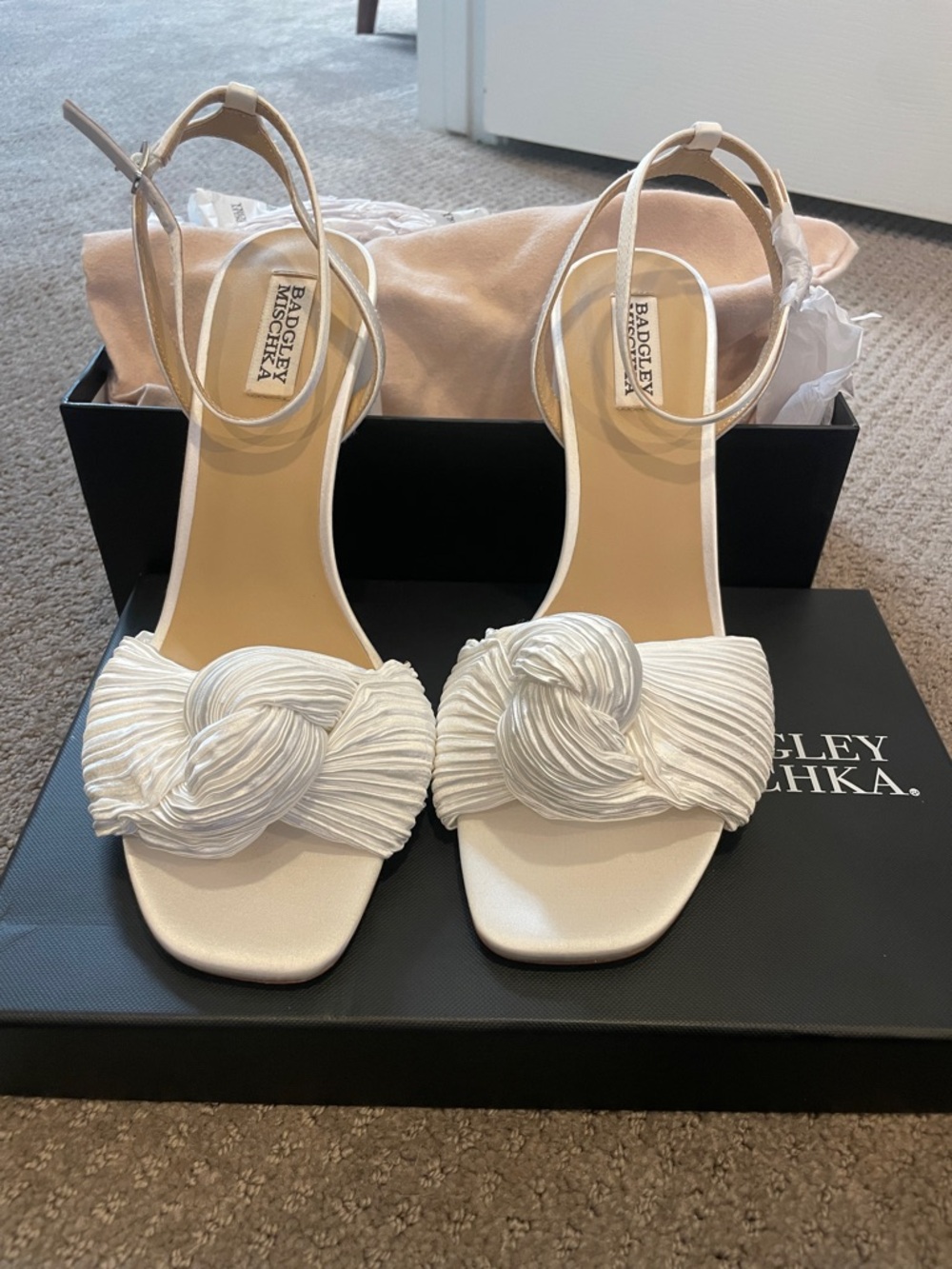 Badgley Mischka Dafne Knotted Satin Open-Toe Block Heels